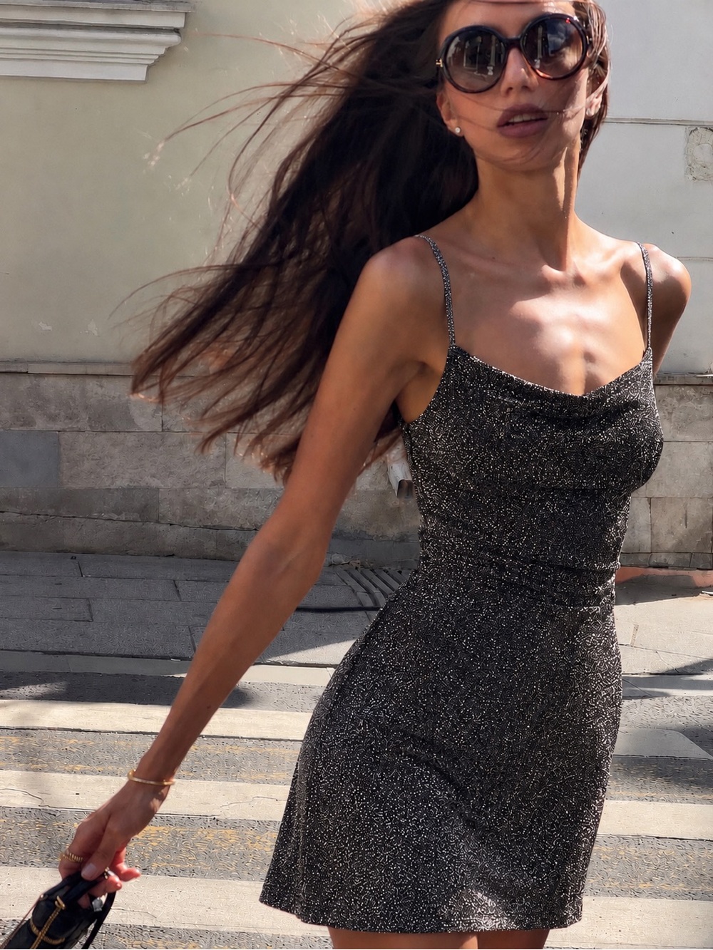 SHEIN XS Black Silver Metallic Cowl Neck Lace-Up Backless Mini Dress